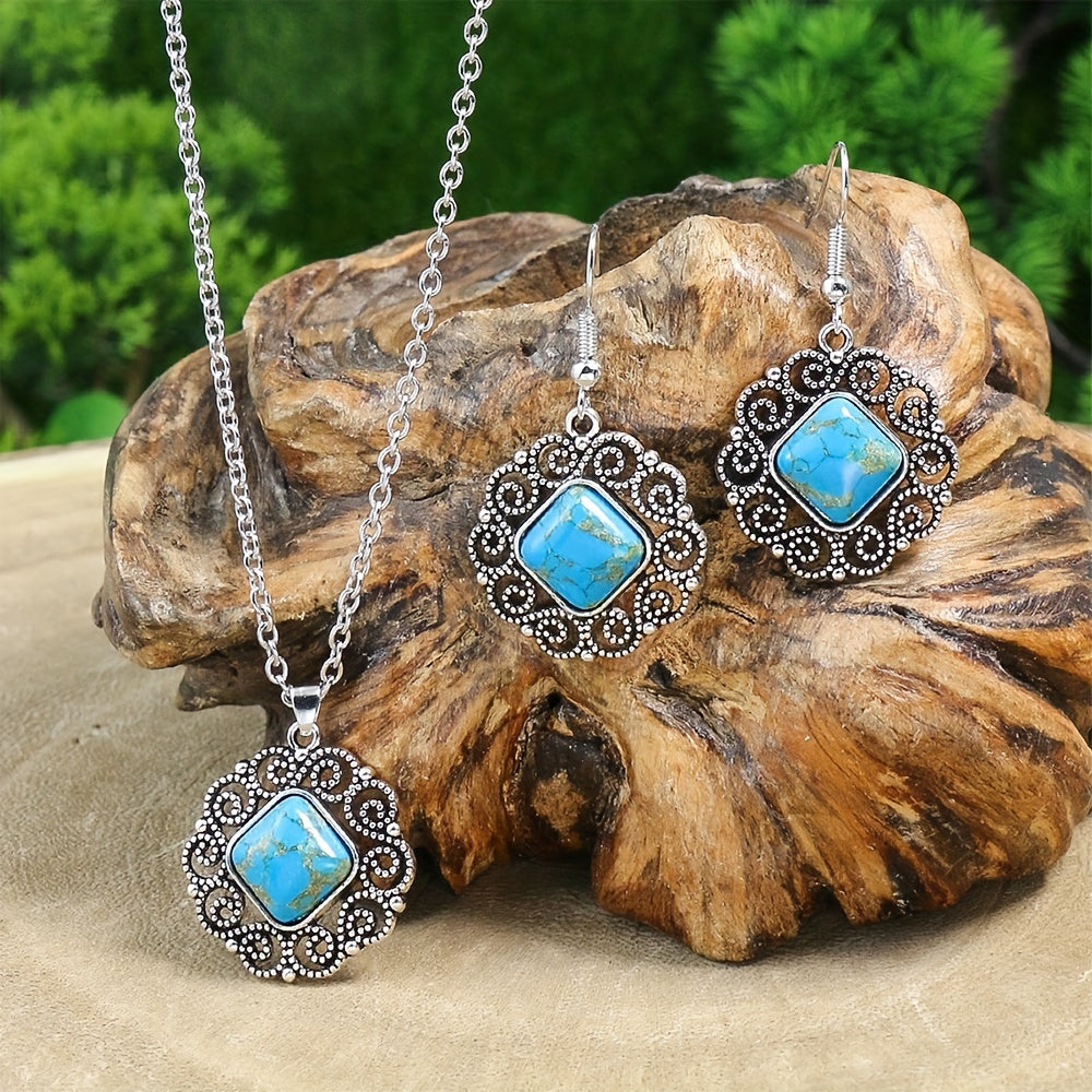 Vintage Silver Turquoise Earrings Necklace Set
