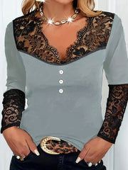  Solid Lace Long Sleeve V Neck Knit Top