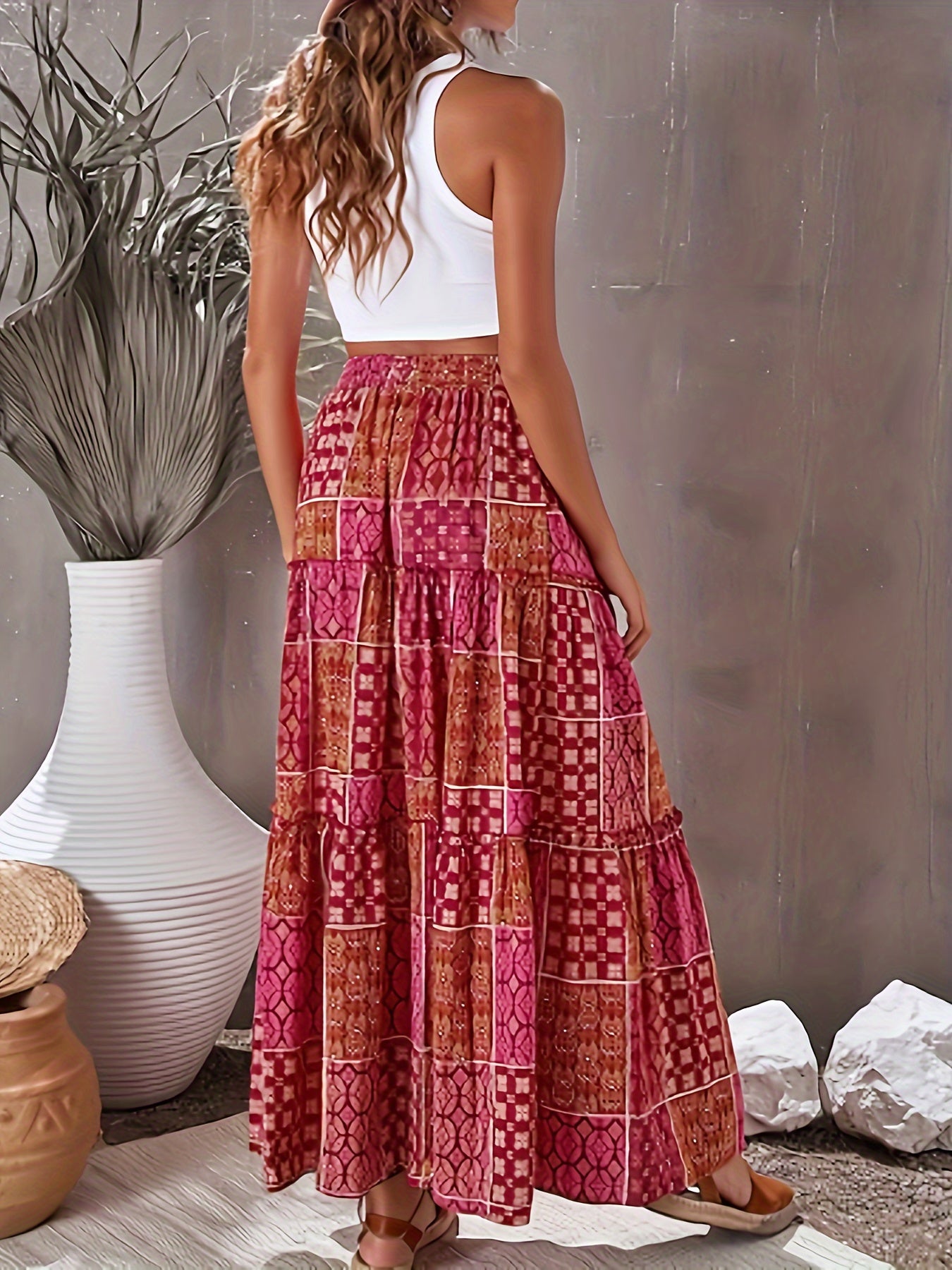  Boho Skirt Patchwork Print High Rise Maxi Skirt