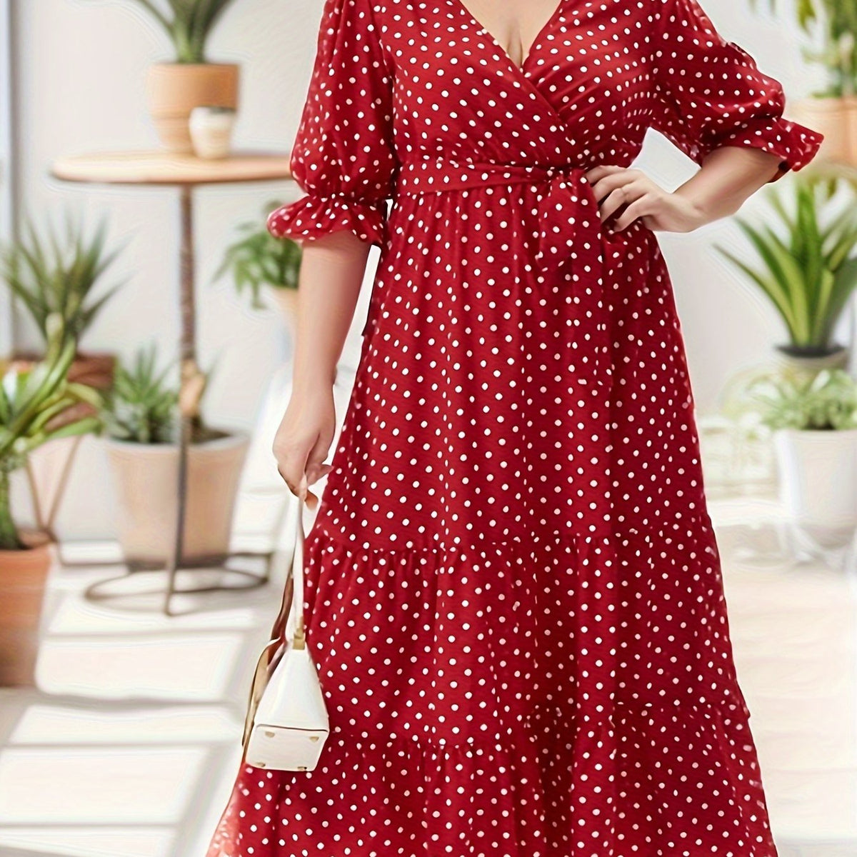 Plus Dot Print Flounce Sleeve Surplice Neck Maxi Dress
