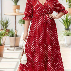 Plus Dot Print Flounce Sleeve Surplice Neck Maxi Dress