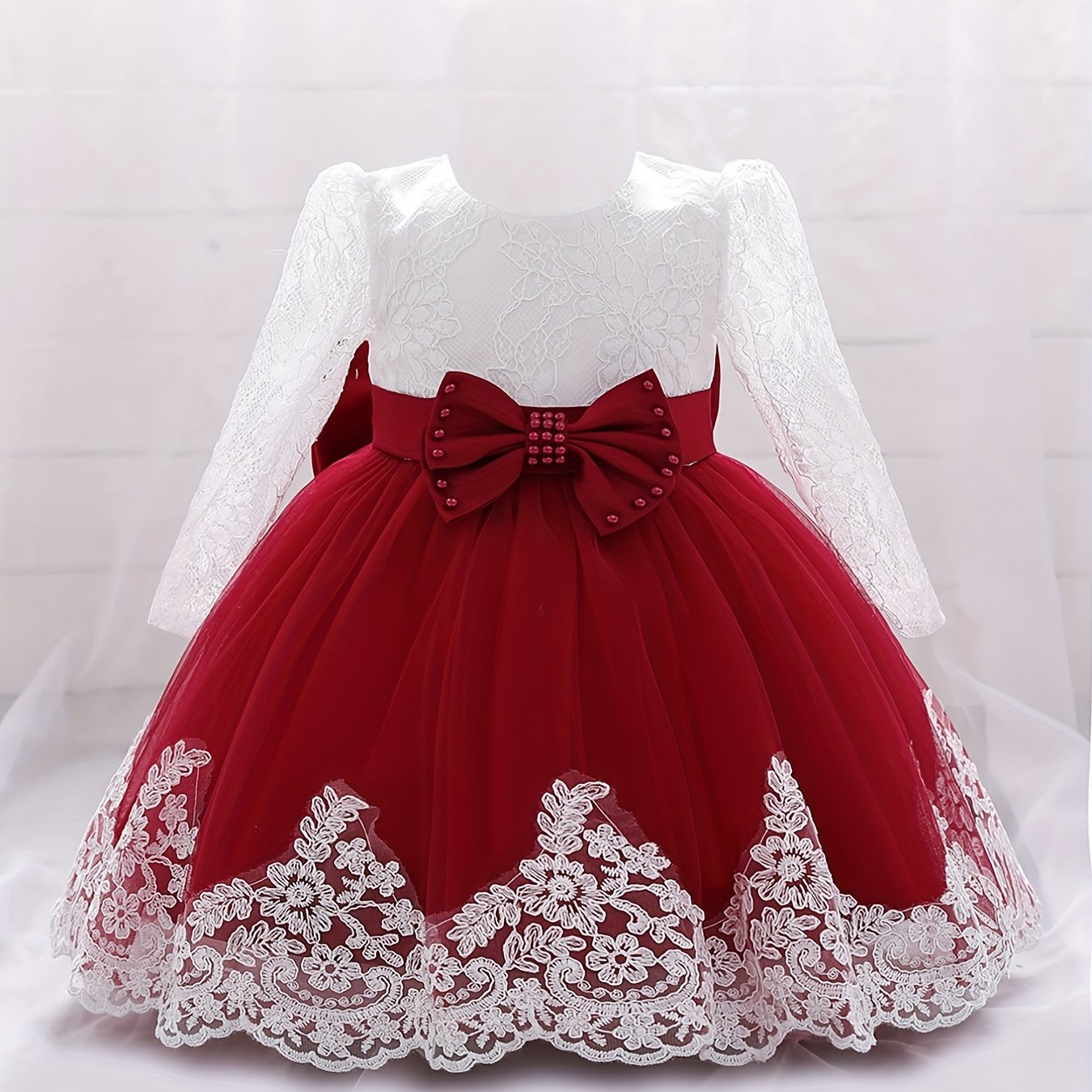 Girls Lace Long Sleeve Puffy Princess Dress With Bow