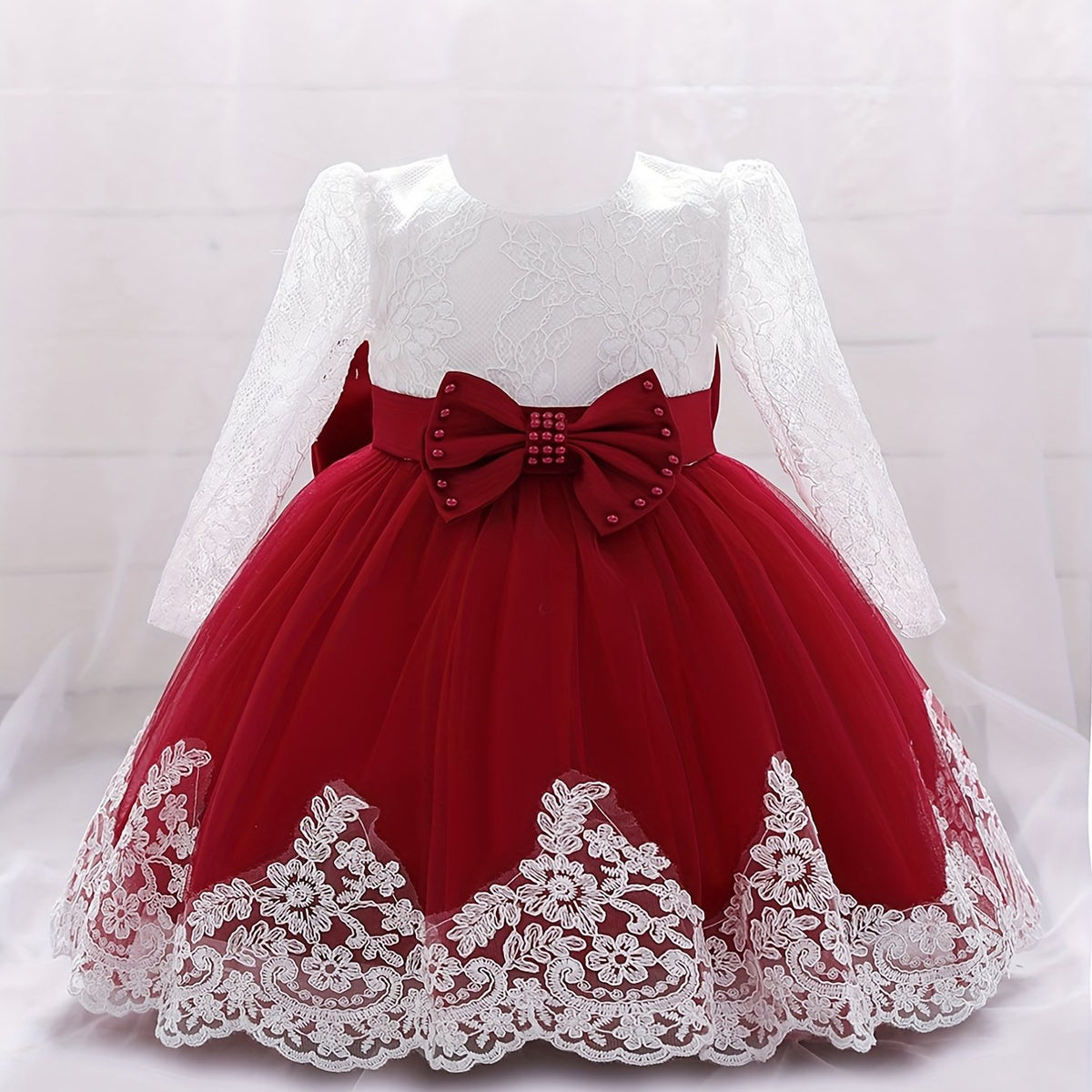 Girls Lace Long Sleeve Puffy Princess Dress With Bow