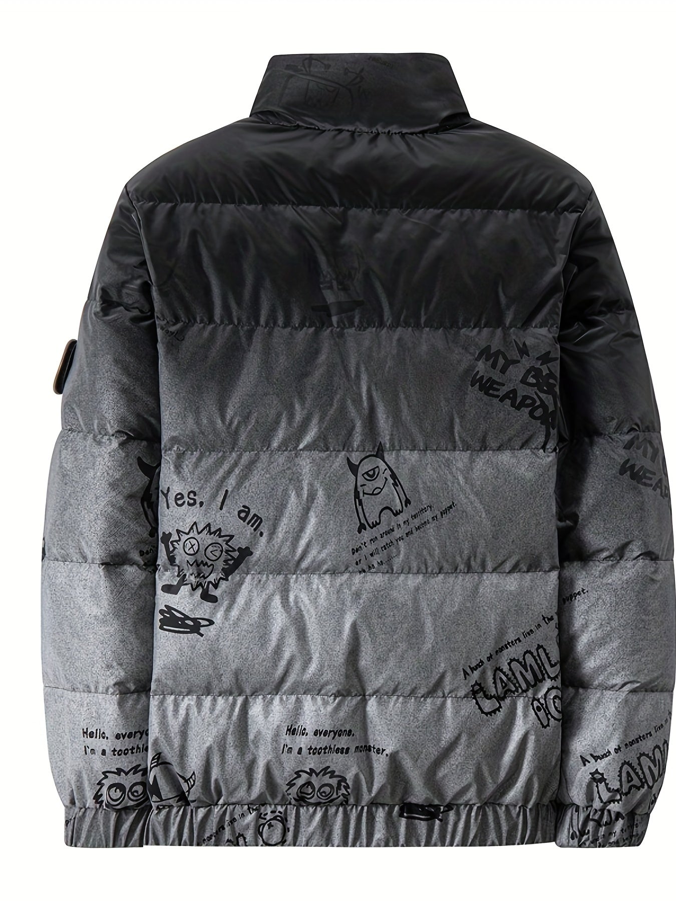 Graffiti Print Puffer Jacket Men's Stand Collar Down Coat