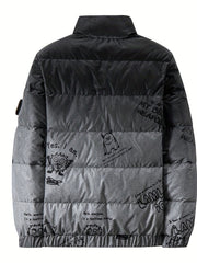 Graffiti Print Puffer Jacket Men's Stand Collar Down Coat