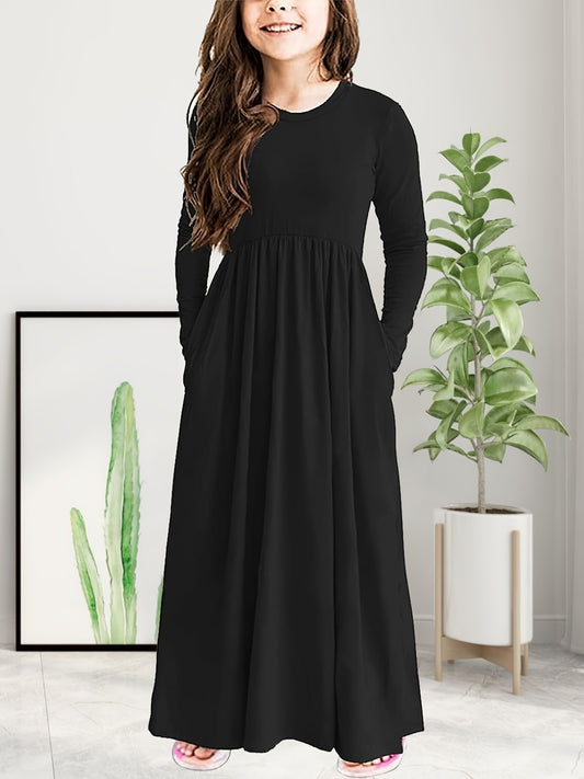 Long Sleeve Pockets Maxi Dress Girls Spring Fall Casual Dress