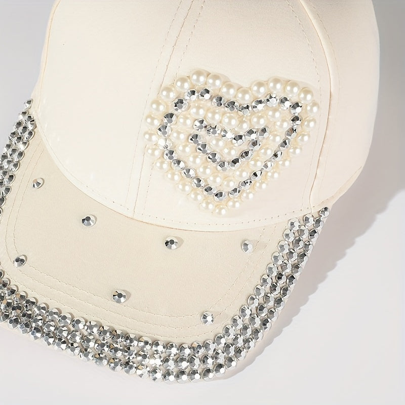 Pearl Rhinestone Baseball Cap Beige Sunshade Dad Hat For Women