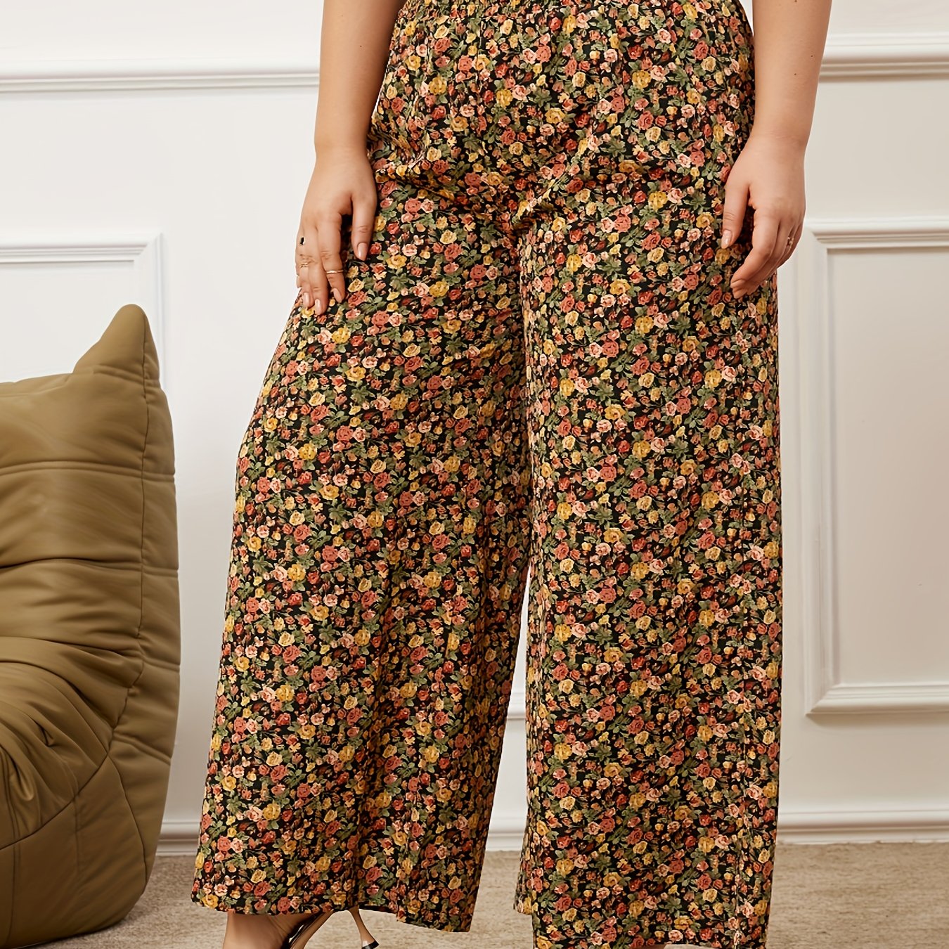 Women's Plus Size Floral Print High Rise Wide Leg Pants