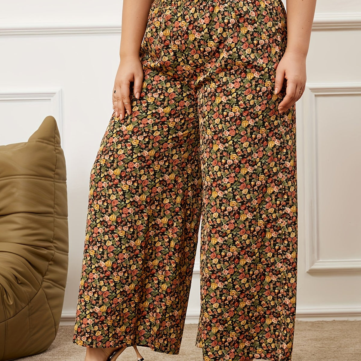 Women's Plus Size Floral Print High Rise Wide Leg Pants