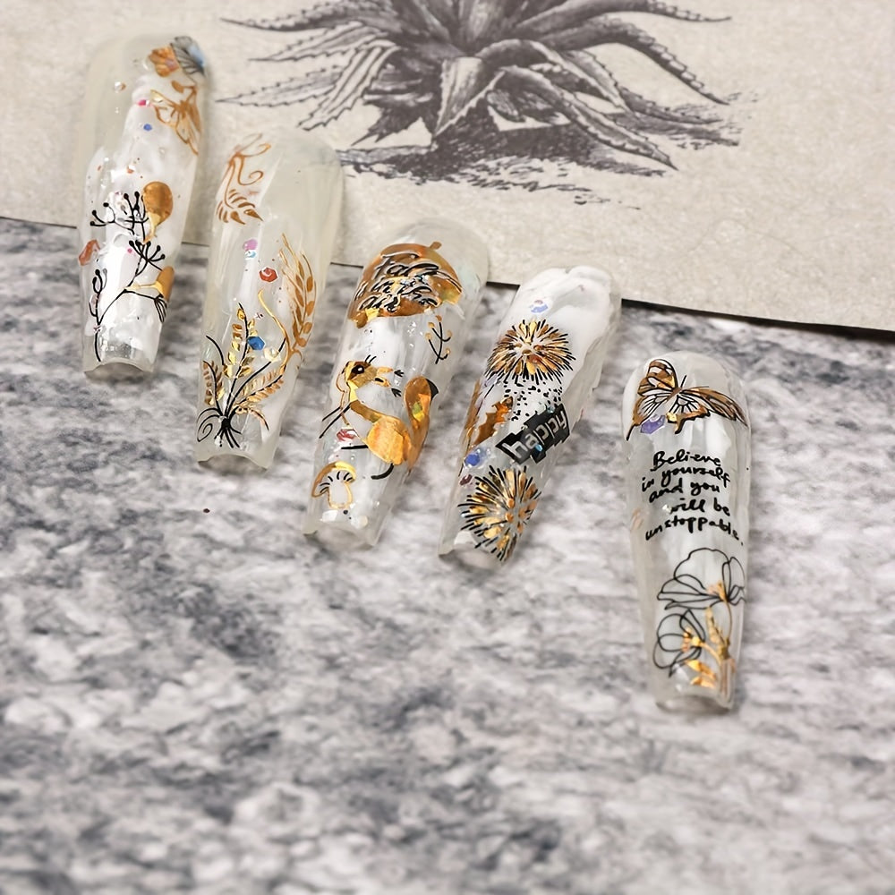 Golden Maple Leaves Butterfly Nail Stickers 3D Adhesive Art Supplies