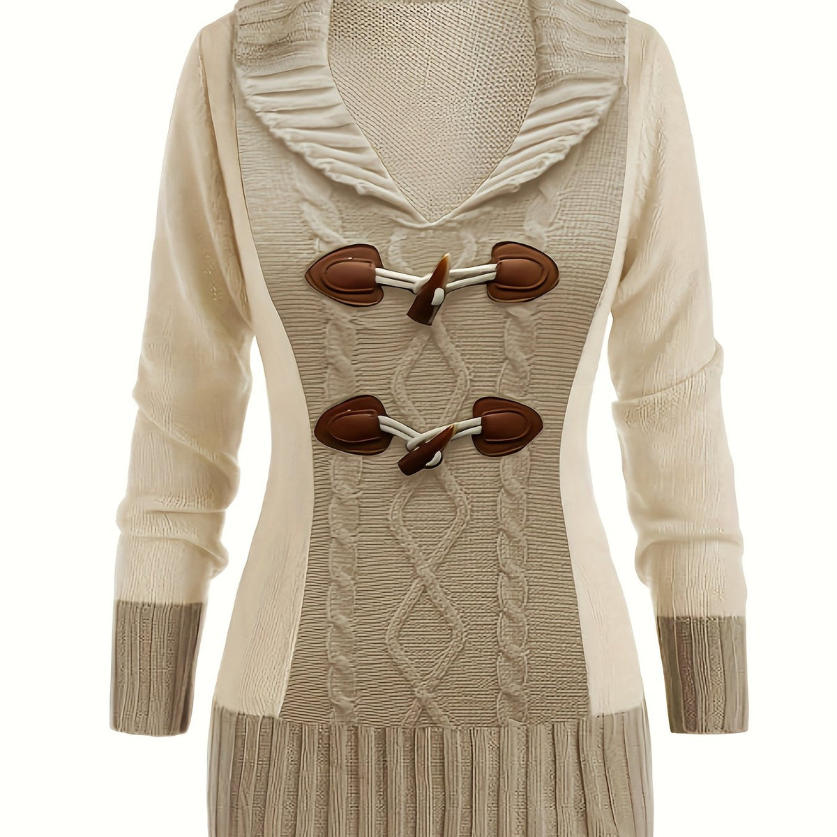  Colorblock Cable Button V-Neck Mini Sweater Dress