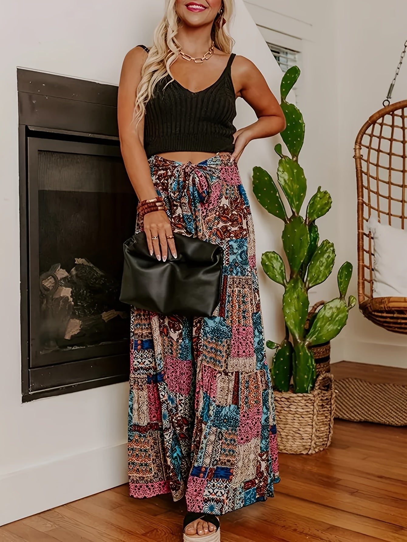  Patchwork Print Knot Front Wide Leg Trousers