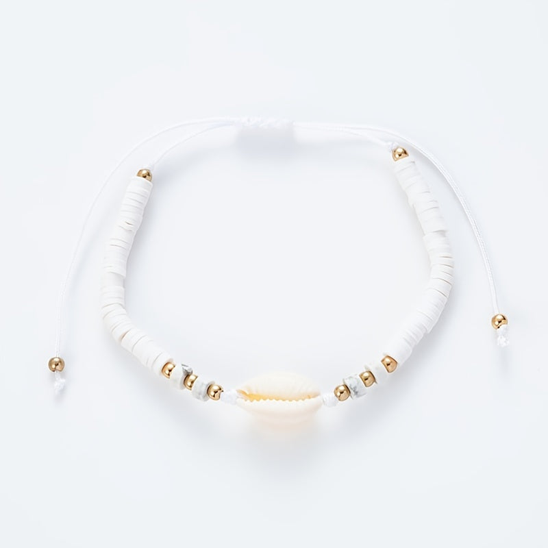 Hot Ocean Style Shell Gemstone Silicone Beaded Bracelet Hand Woven Adjustable