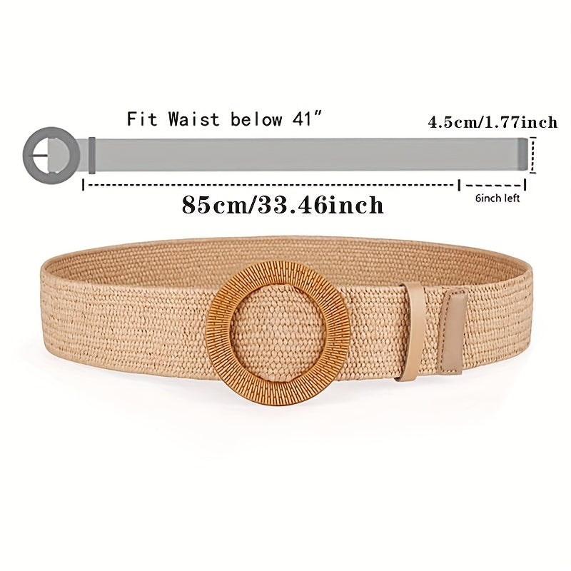 Straw Woven Belt Elastic Vine Belt Boho Waistband Dress Belt Wooden Buckle