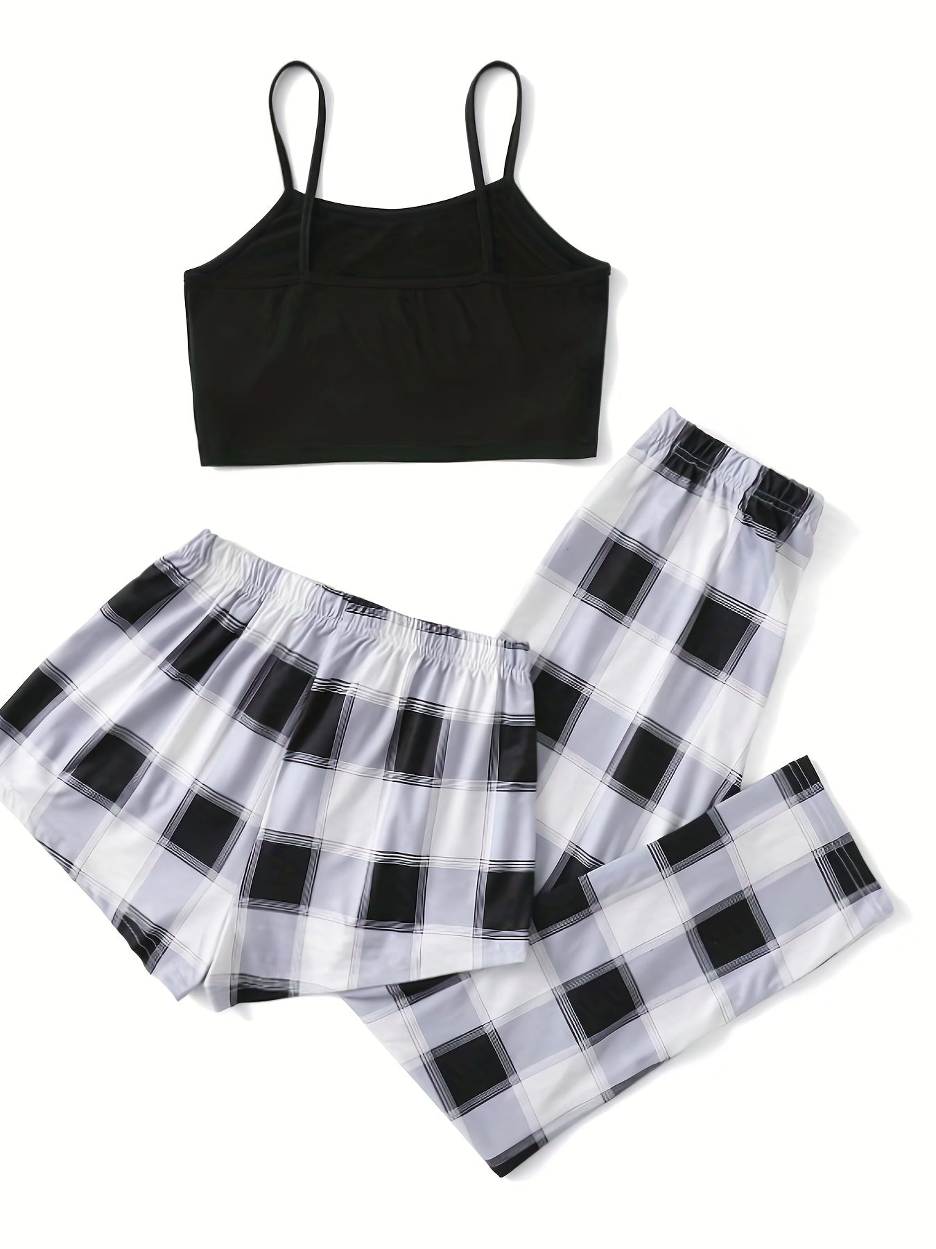 Plaid Print Pajama Set Cami Top & Bow Shorts Women's Sleepwear