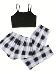 Plaid Print Pajama Set Cami Top & Bow Shorts Women's Sleepwear