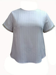  Casual Blouse Solid Contrast Lace Short Sleeve Round Neck Top