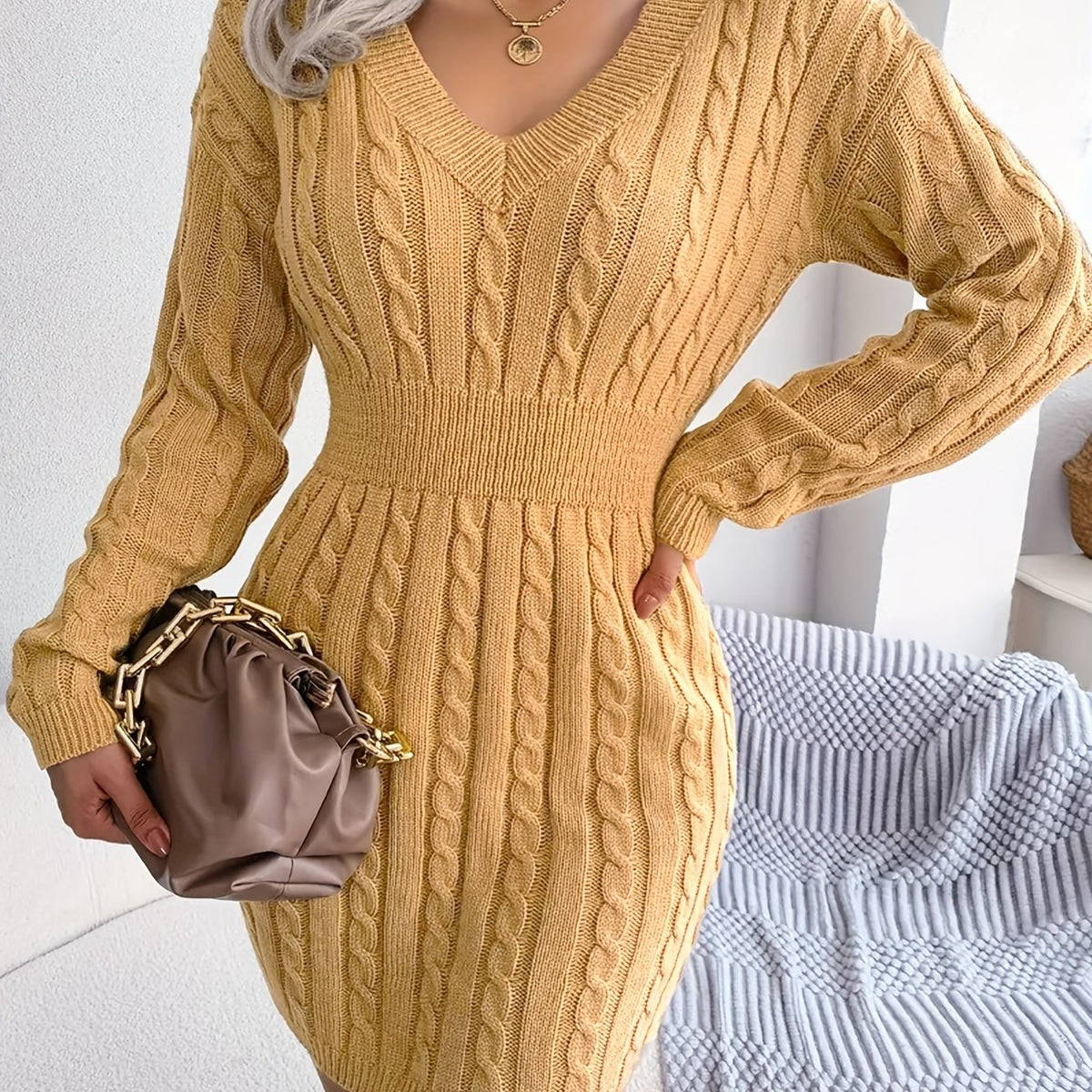  Cable Knit Long Sleeve Bodycon Sweater Dress