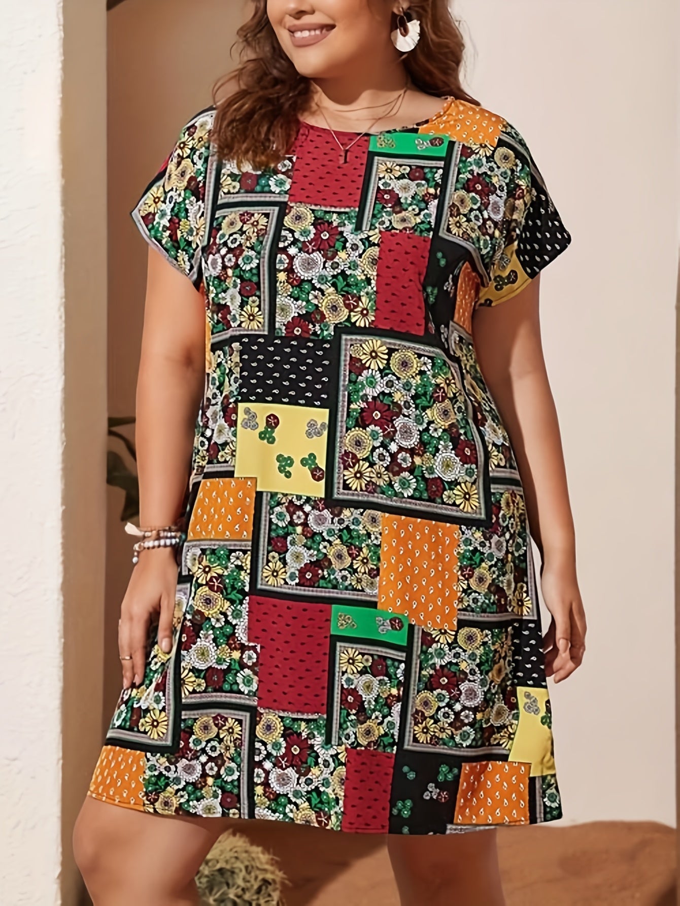 Plus Size Boho Dress Women's Plus Scarf & Floral Print Short Sleeve Dress