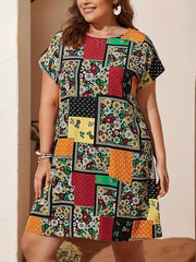 Plus Size Boho Dress Women's Plus Scarf & Floral Print Short Sleeve Dress