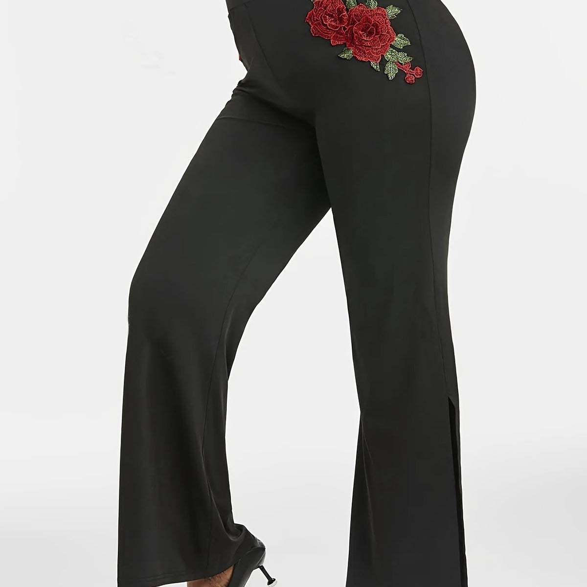 Plus Rose Applique High Waist Straight Leg Pants