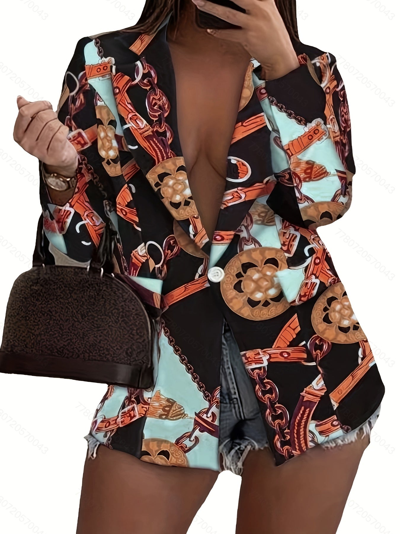  Women's Scarf Print Lapel Collar Blazer