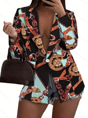 Women's Scarf Print Lapel Collar Blazer