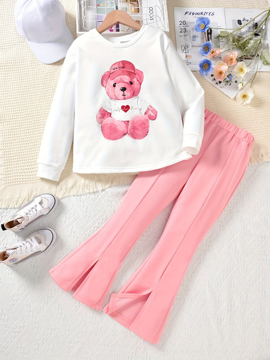 Girl's Cartoon Bear Outfit 2pcs Sweatshirt & Flared Pants Set