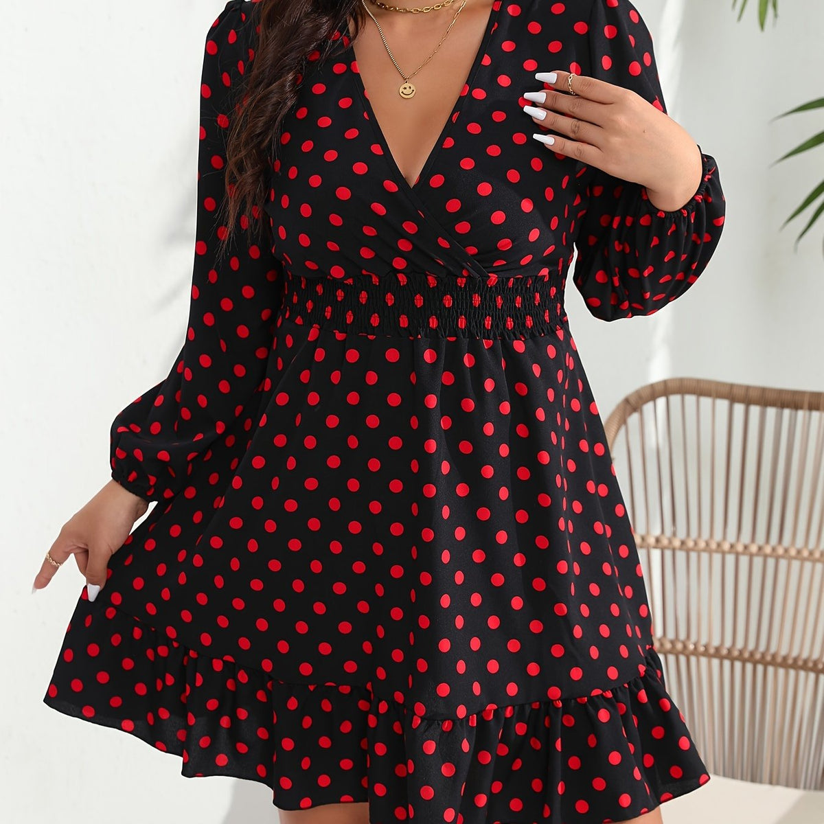  Dot Print Lantern Sleeve Smock Dress