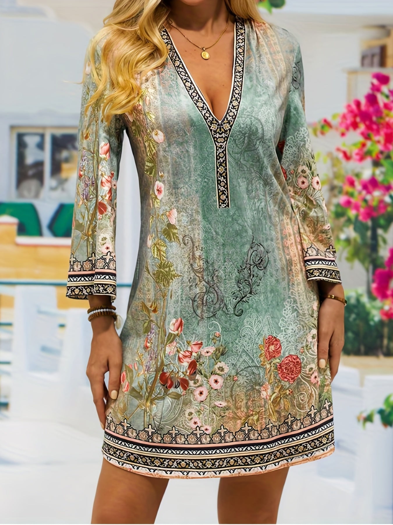 Floral Print Long Sleeve V Neck Mini Dress