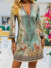 Floral Print Long Sleeve V Neck Mini Dress