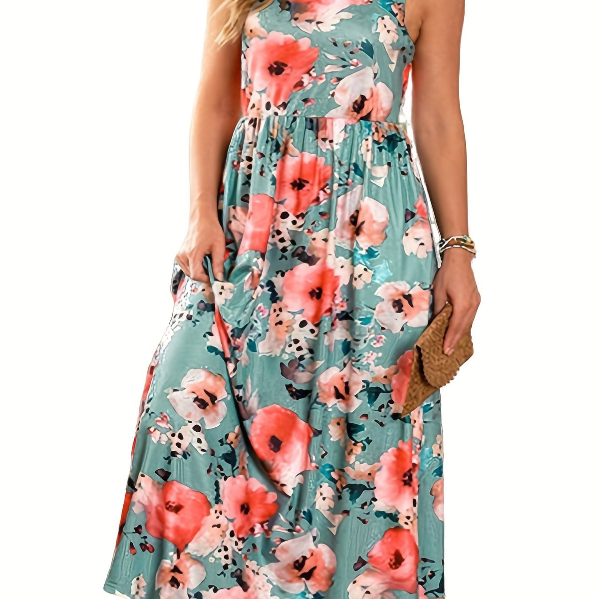 Plus Floral Print Round Neck Medium Stretch Ruched Tank Dress