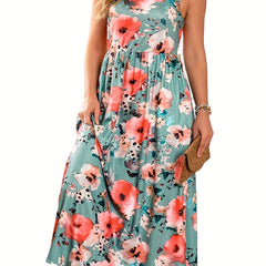 Plus Floral Print Round Neck Medium Stretch Ruched Tank Dress