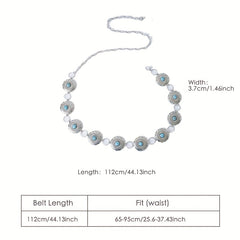 Vintage Silvery Turquoise Waist Chain with Tassel, Bohemian Belly Belt
