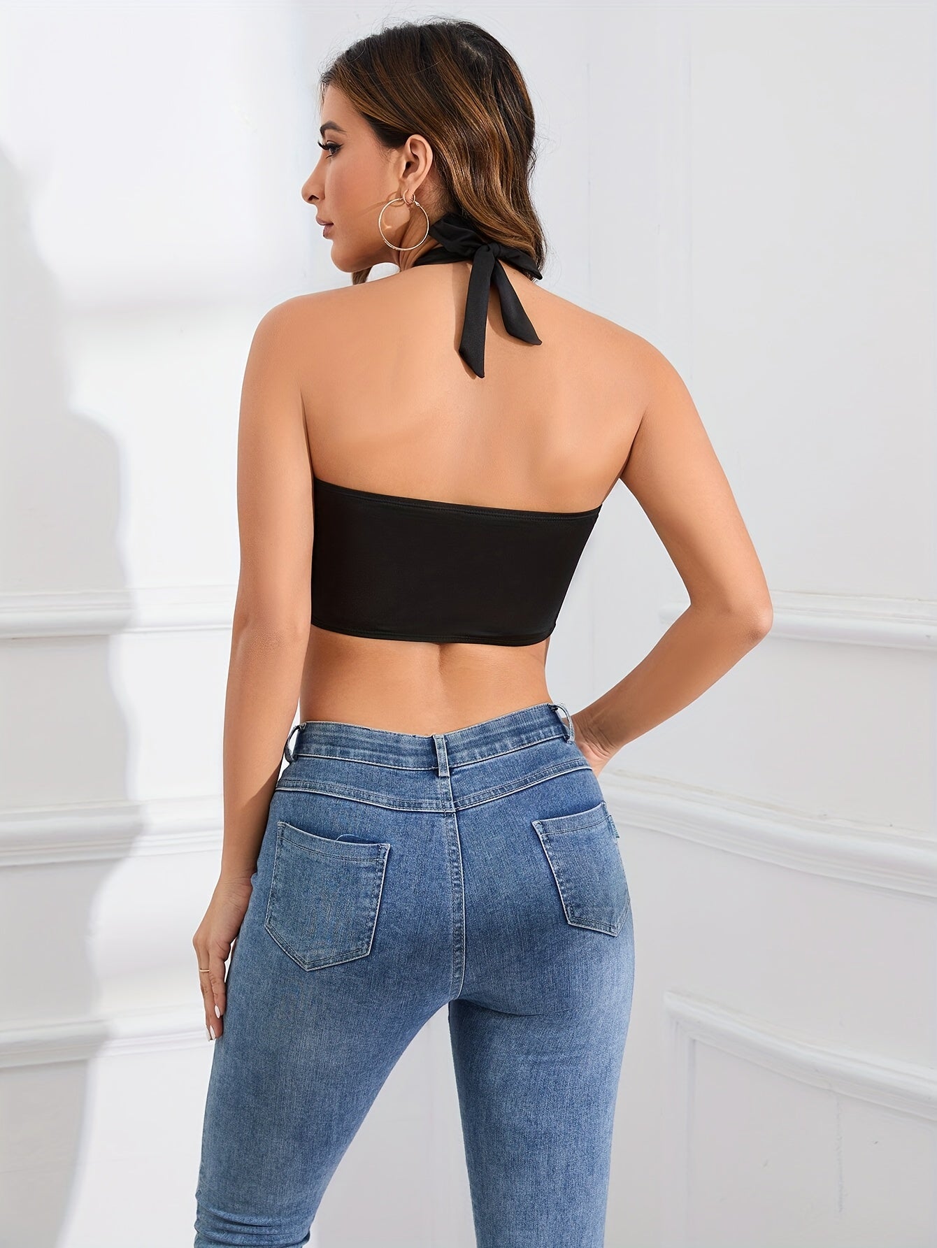 Solid V Neck Backless Cami Crop Top