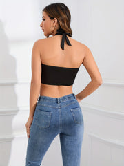 Solid V Neck Backless Cami Crop Top