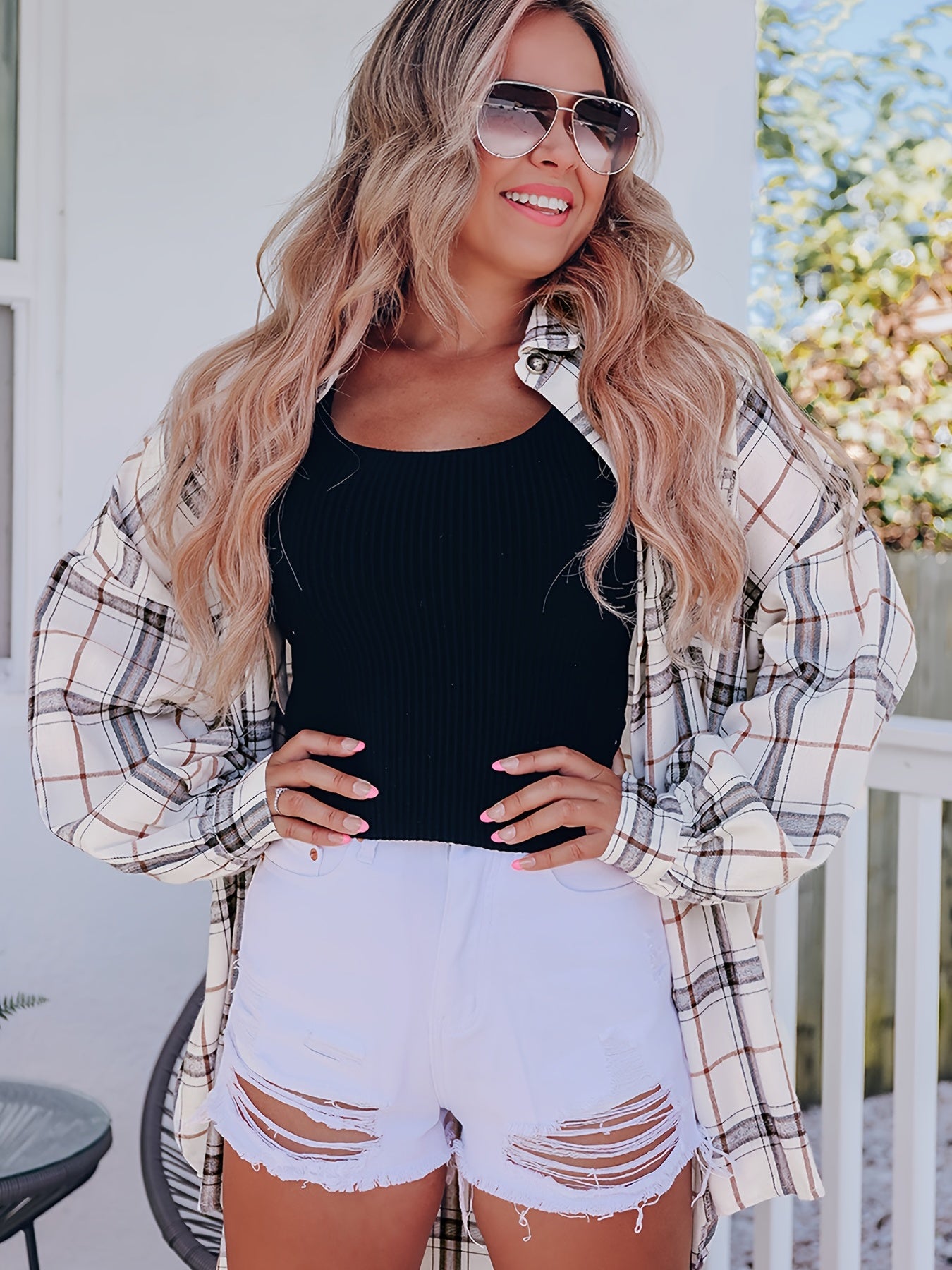 Plaid Shacket Side Split Button Up Casual Shirt Jacket
