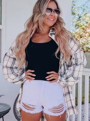 Plaid Shacket Side Split Button Up Casual Shirt Jacket