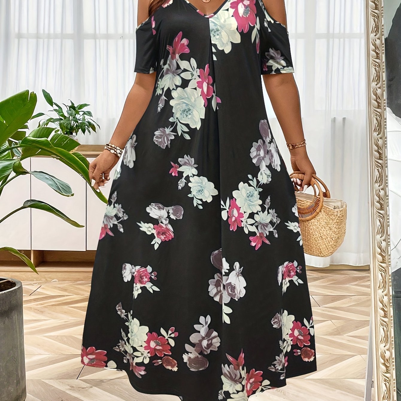  Floral Print Lace Cold Shoulder Maxi Dress