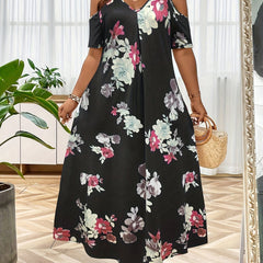  Floral Print Lace Cold Shoulder Maxi Dress