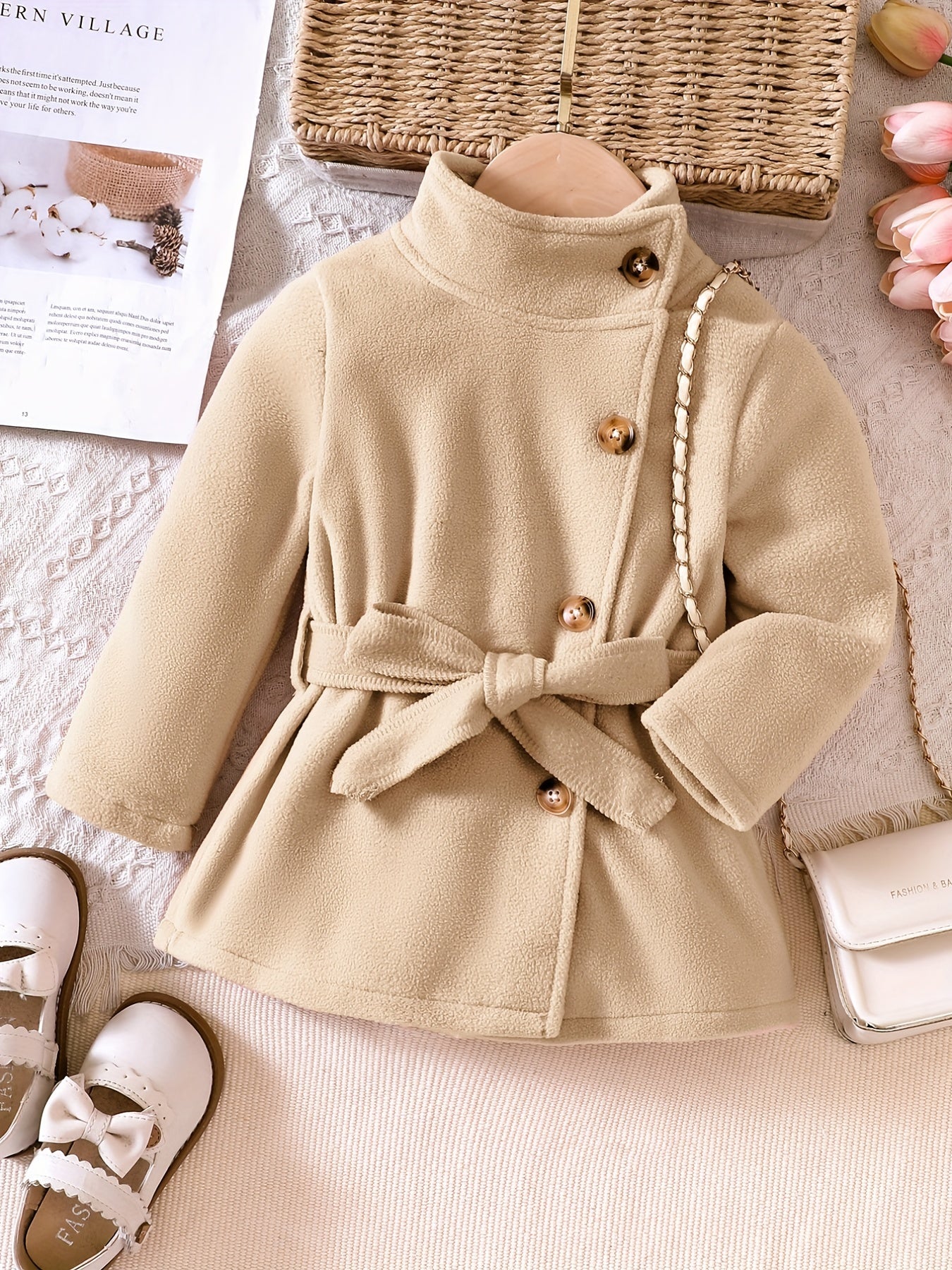 Baby Girls Solid Jacket Stand Collar Bow Belt Long Sleeve Button Warm Coat