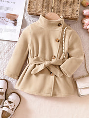 Baby Girls Solid Jacket Stand Collar Bow Belt Long Sleeve Button Warm Coat