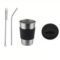 Stainless Steel Cup with Lid & Straw, Creative Drinkware for Home & Office