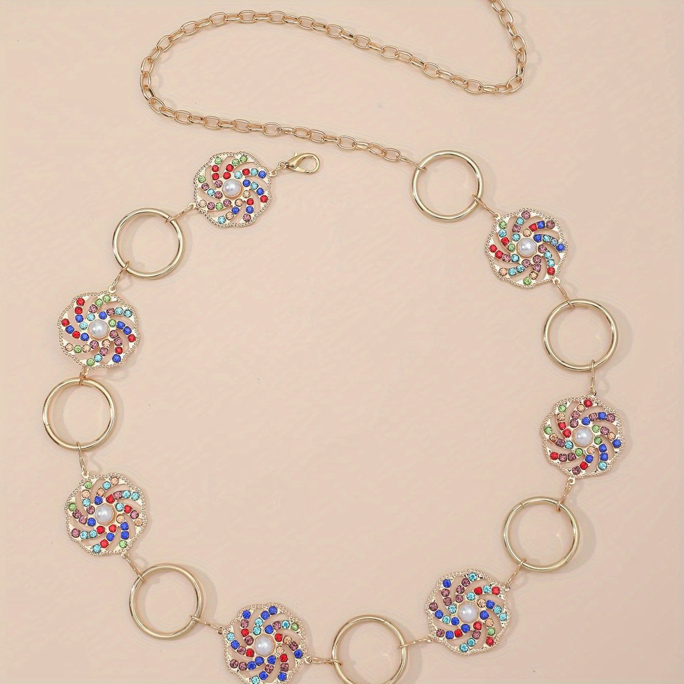 Boho Hollow Out Waist Chain Faux Pearl Rhinestone Decor Belt