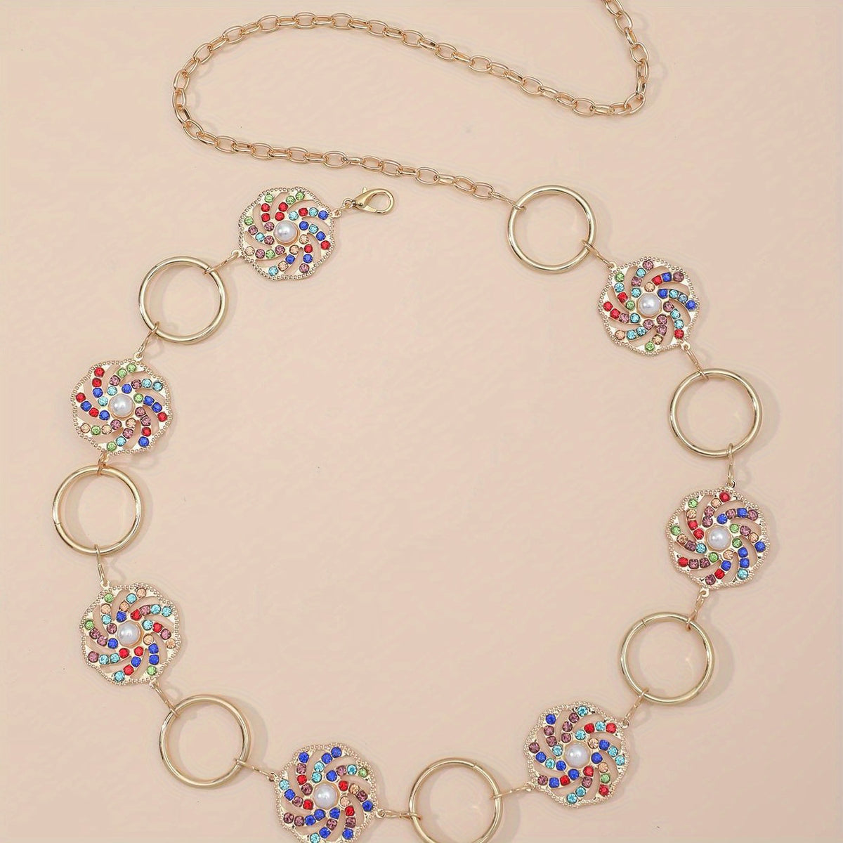 Boho Hollow Out Waist Chain Faux Pearl Rhinestone Decor Belt