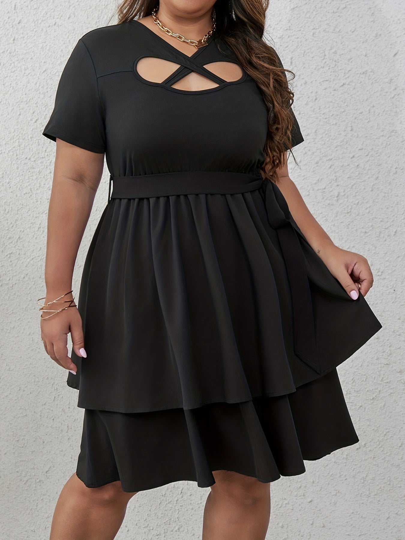  Sexy Dress Women's Plus Cross Front Cut Out Layered Dress
