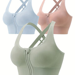 3pcs Zipper Sports Bras High Impact Criss Cross Back Bra Women's Lingerie