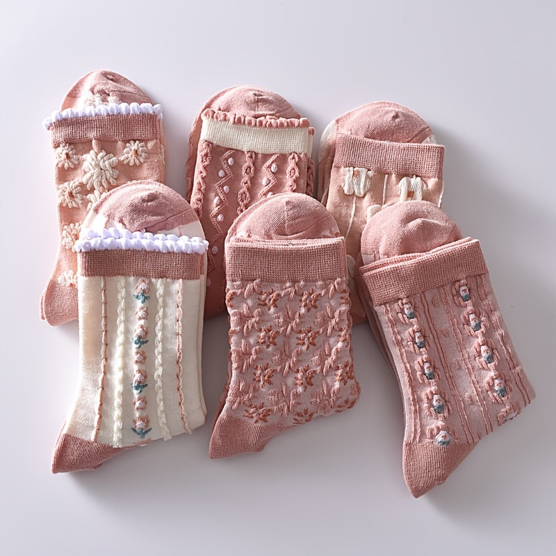 6 Pairs Flower Bubble Cable Crew Socks Lightweight & Comfy Mid tube Socks