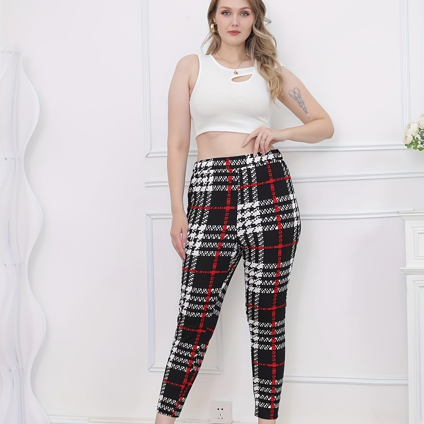  Plaid Print High Rise Skinny Trousers