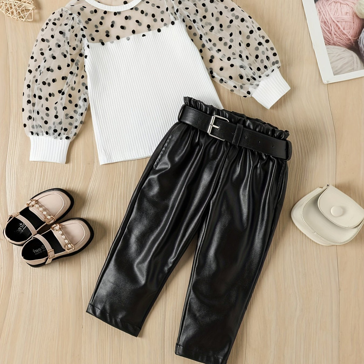 Girls Polka Dot Mesh Puff Sleeve Top & PU Leather Pant Set Spring Clothes